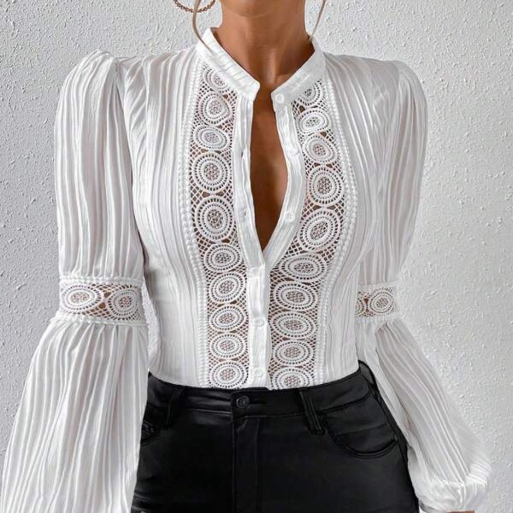 White Lace Button Up Lantern Sleeve Long Blouse